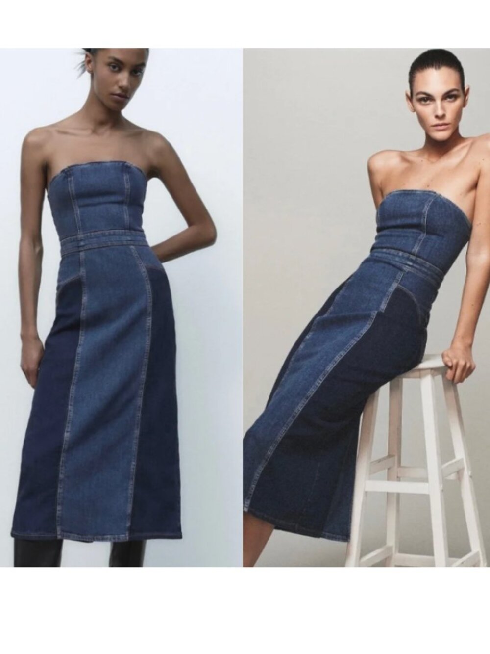 ☀️ ZARA Blogger's Favorite Blue Patchwork Denim Dress XS Strapless